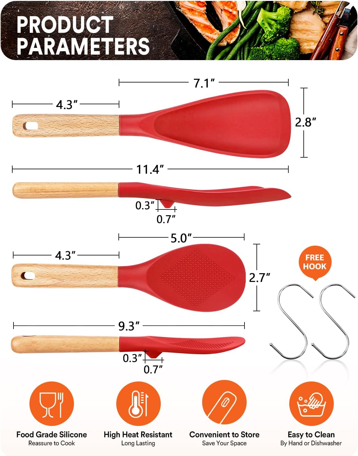 Cooking Spoon and Rice Scooper for Nonstick Cookwares, Great for Cooking and Serving Sturdy BPA-Free Matte Silicone, Wood Handle Spoon for Mixing, Scoop, and Scrape (RED)