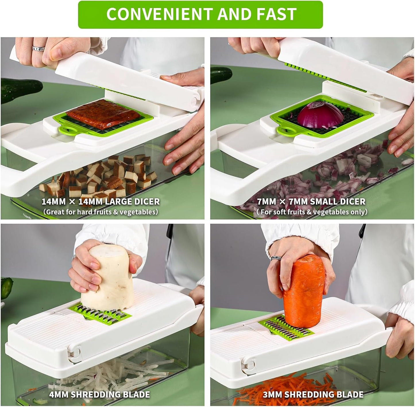 Vegetable Chopper Cutter Slicer Multifunctional 14-in-1 Food Veggie Salad Onion Chopper Cutter Dicer with Container, 8 Interchangable Blades, Hand Protector, Drain Strainer, Peeler, Brush