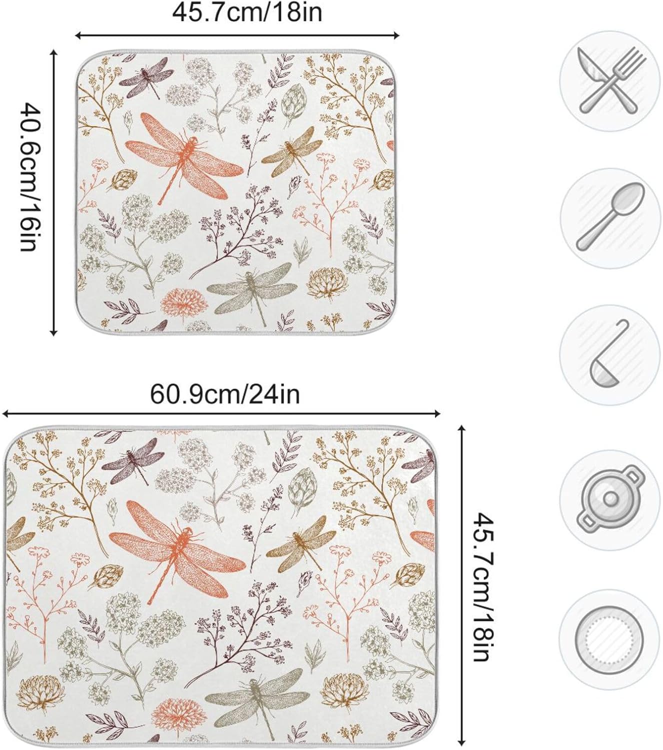 Dragonfly Botanical Plant Dish Drying Mat for Kitchen Counter Absorbent Microfiber Drying Pad, Large 18x24 in, Reversible Drainer Mats