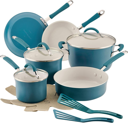 Rachael Ray Cucina Ceramic Cookware Set - 13 Pieces - Ceramic Pots and Pans Set w/Nonstick Frying Pans, Saute Pan, Saucepans, Stockpot, Lids, Pan Protectors & Cooking Utensils - Marine Blue
