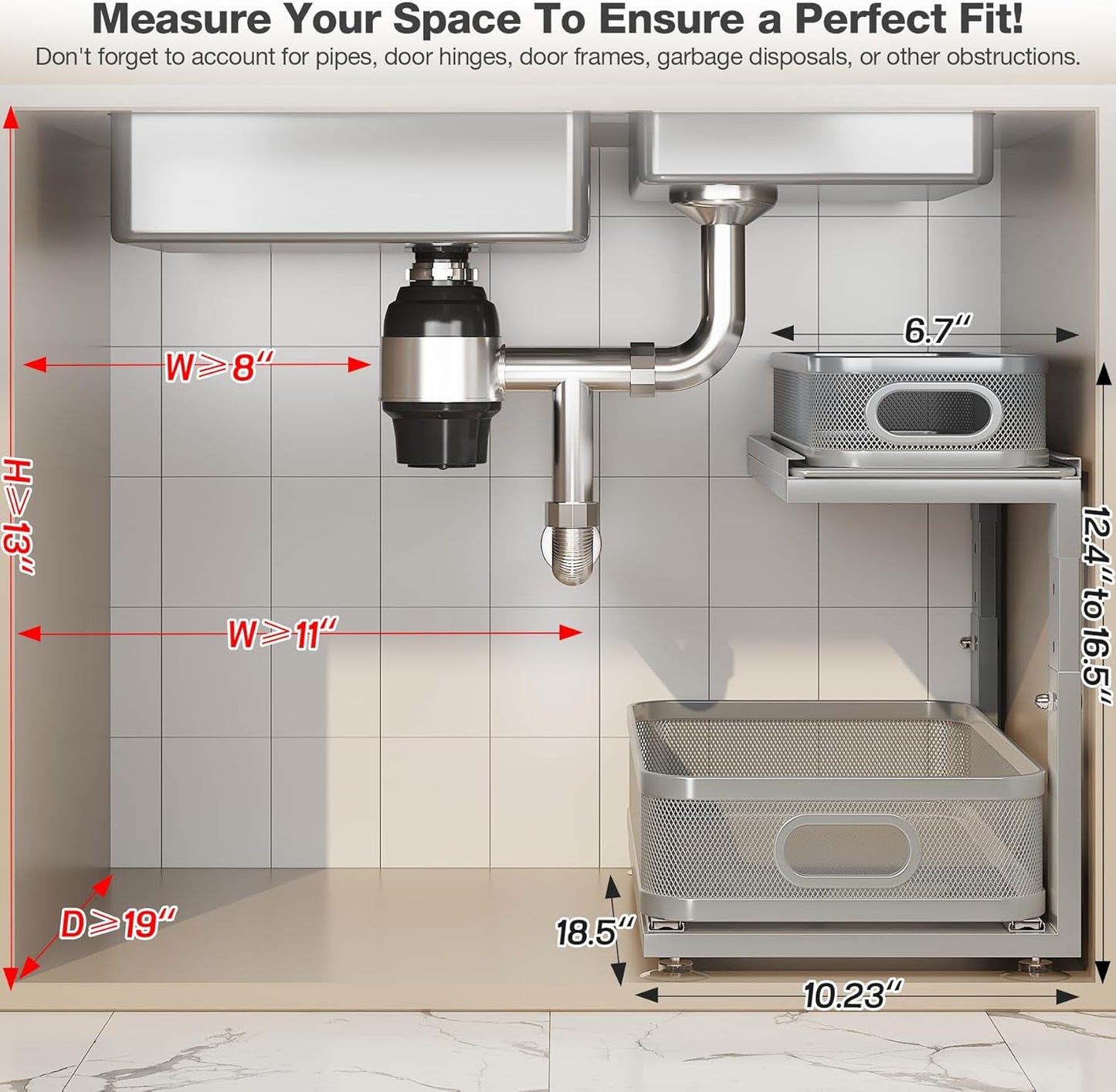2 Pack 18.5IN-Depth Under Sink Organizer With Next-Gen Ball-Bearing Slides,2-Tier Precision Mesh Pull Out Cabinet Storage for Bathroom&Kitchen,Height Adjustable Drawers Shelf,Anti-rust-Grey