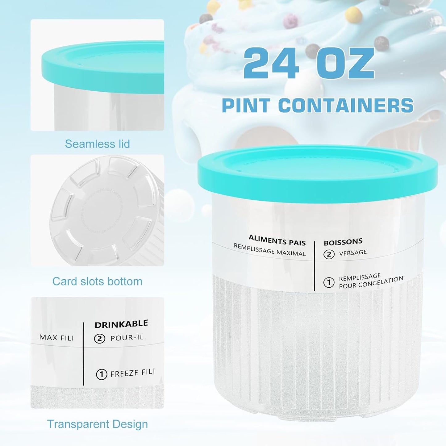 4 Pack Containers Pints and Lids for Ninja Creami Deluxe NC500,NC501CO Series Ice Cream Maker with Scoop and Spoons- Dishwasher Safe, Leak Proof