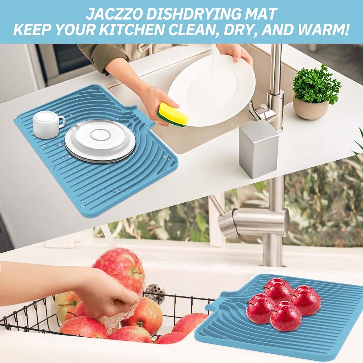 Silicone Dish Drying Mat for Kitchen Counter with Built-in Drain, Easy Clean Pad for Countertop Protection, Fast Self-Draining Slope, Non-Slip, Multiple Use 17.7 x 11.8 Inch (Light Blue)