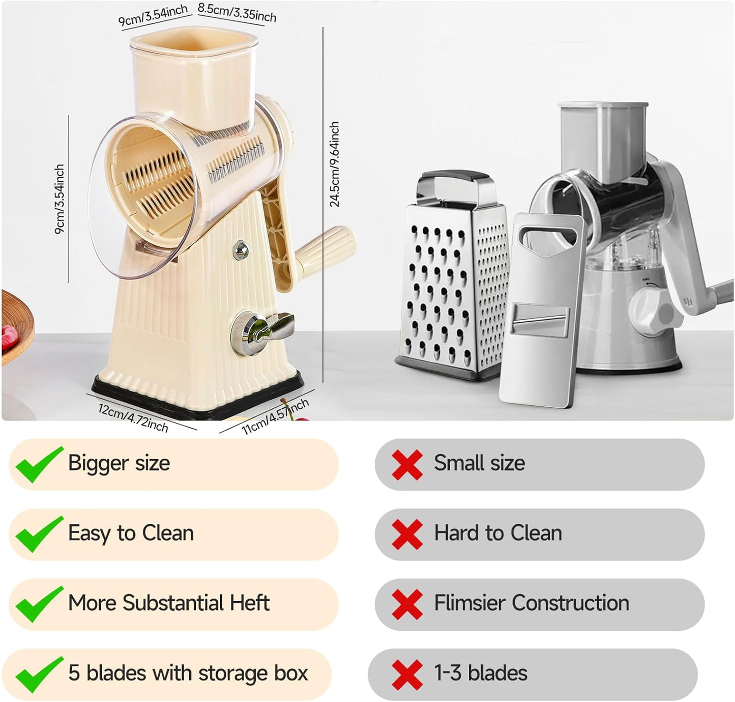 Xilrvna Rotary Cheese Grater, Vegetable Shredder 5 in 1 Cheese Grater with Handle edder Reinforced Suction,Easy to Clean,Kitchen Chopper for Crushed Ice,Fruits and Nuts with Blade Storage Case（white）
