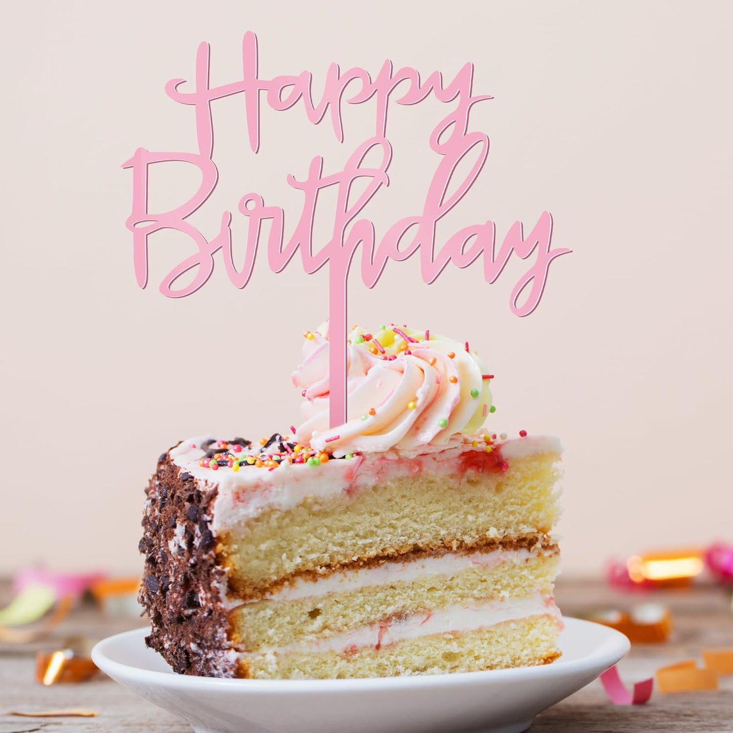 1 PCS Happy Birthday Cake Topper, 4.7 Inches x 5.5 Inches Acrylic Cake Topper, Pink Crisp Lettering Birthday Cake Decorations for Kids, Adults, Dessert, Birthdays Party, Table, Photo Booth