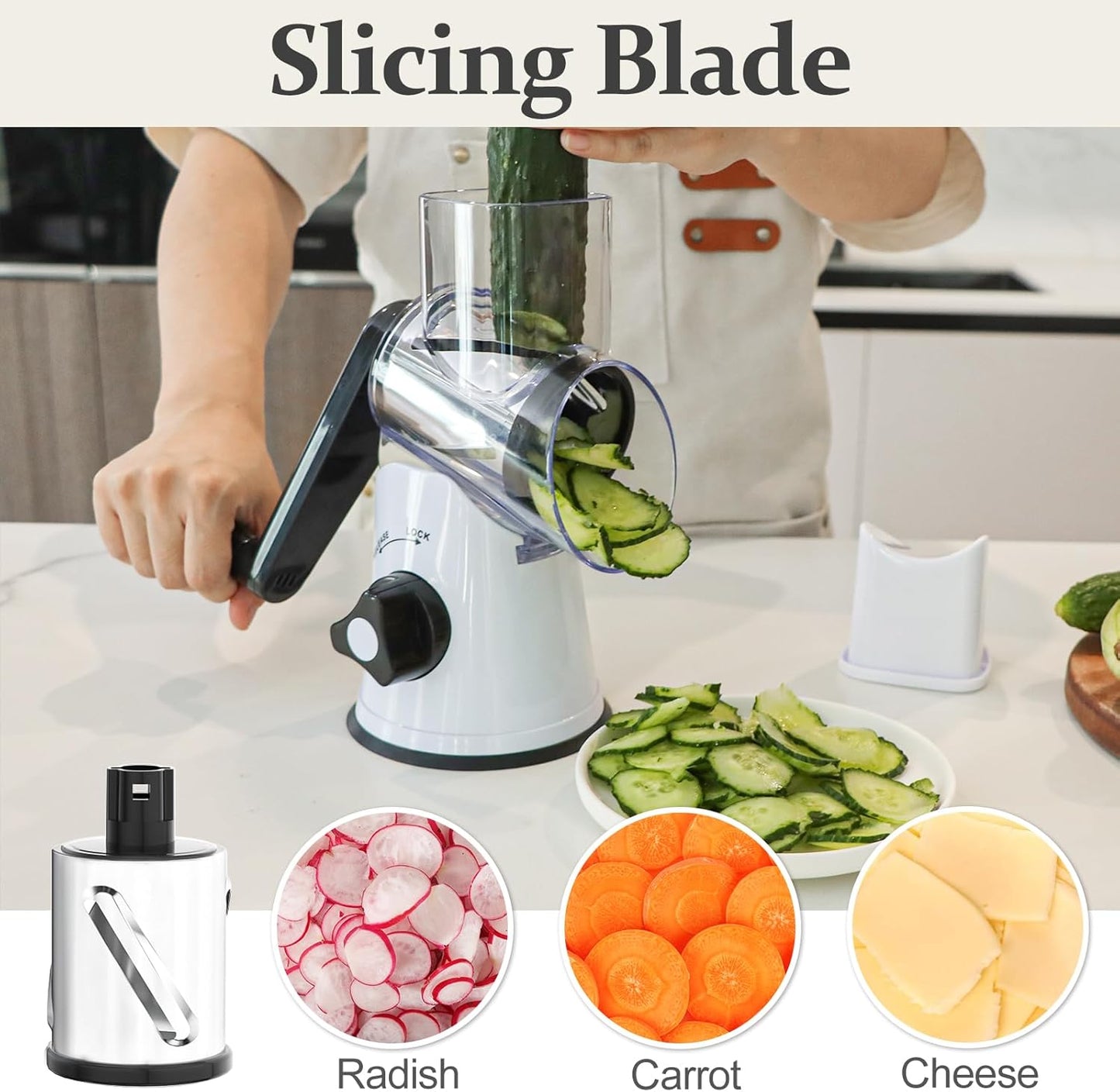 Cambom Rotary Cheese Grater Hand Crank Cheese Shredder for Fresh Cheese, Vegetable, Nuts,Non-slip Suction Base, Free Cleaning Brush Three Blades, White and Black