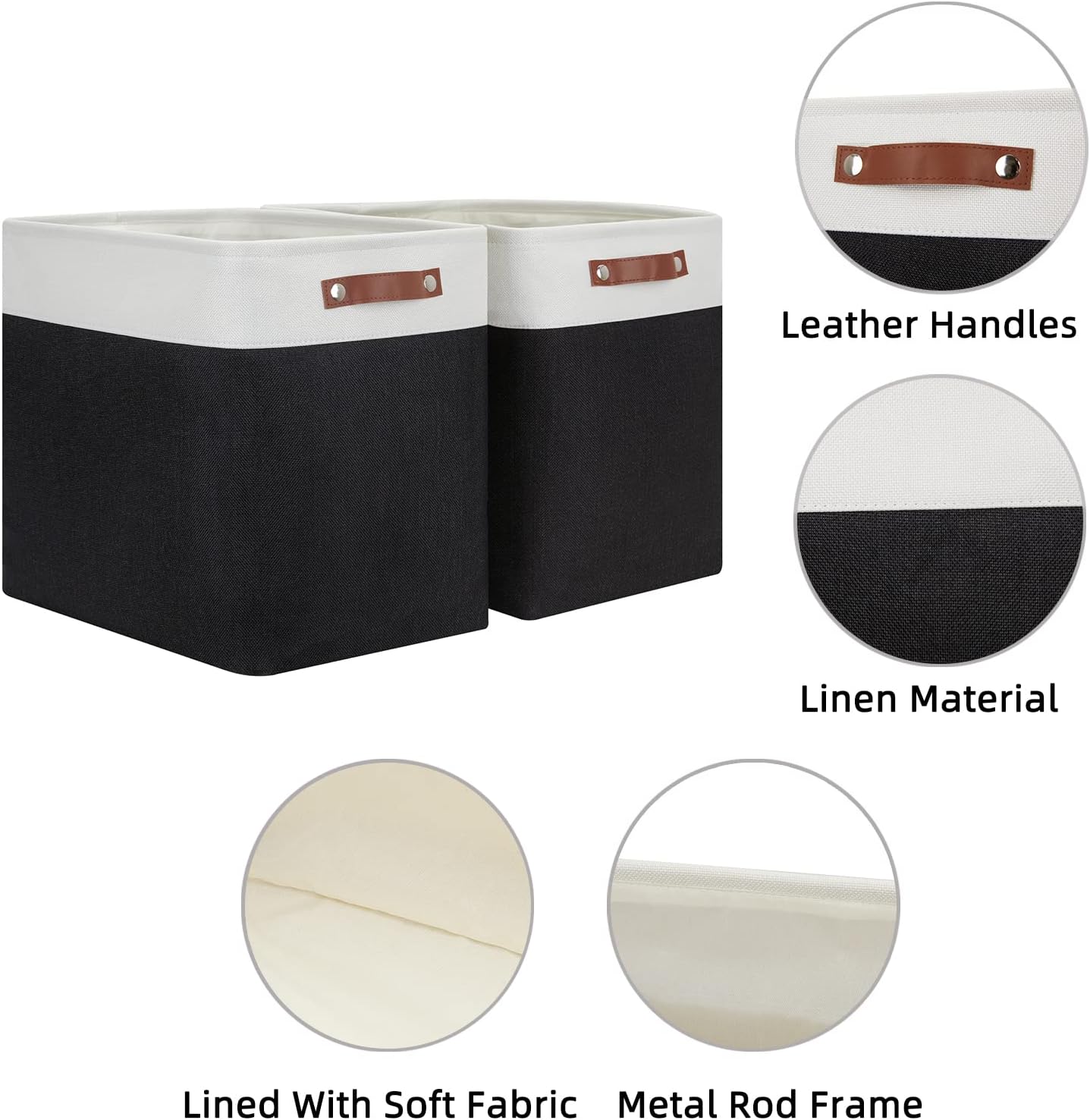 HNZIGE Baskets Shelf Baskets for Clothes 2 Pack Large Storage Bins Fabric Baskets for Organizing, Collapsible Rectangular Canvas Linen Storage Basket with Handles for Storage Closet (White&Black)