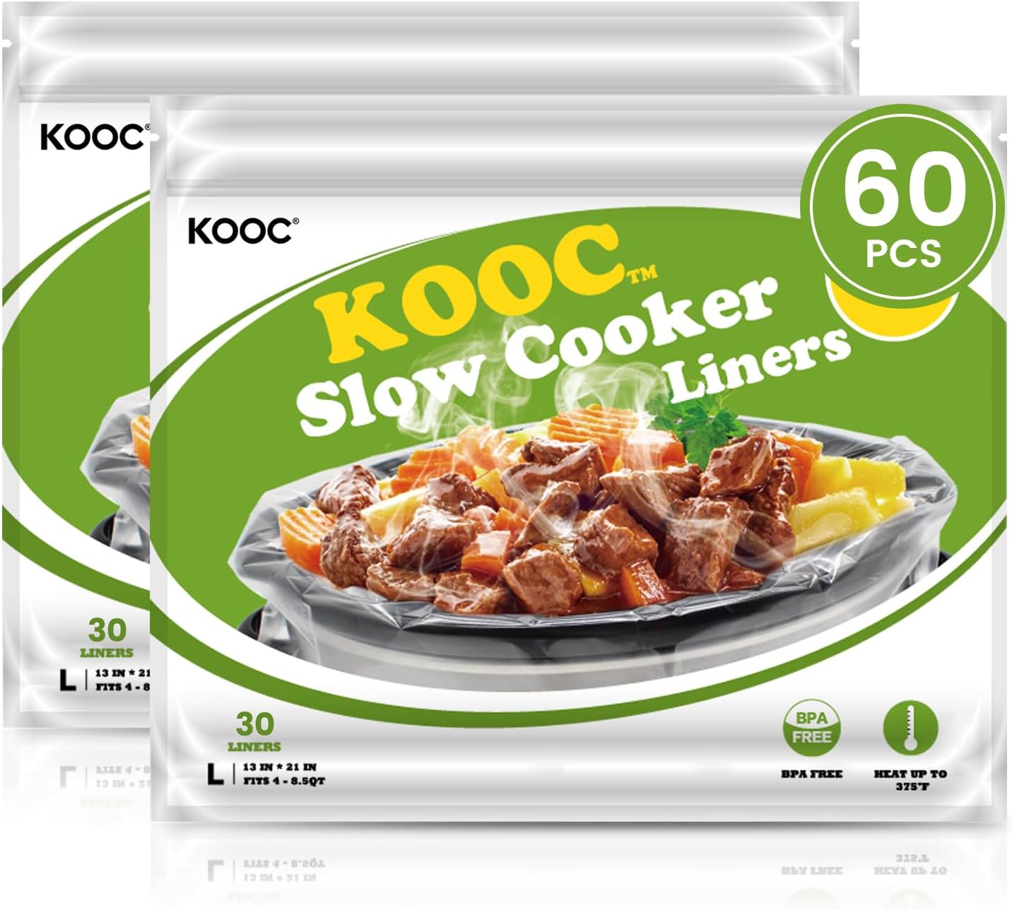 KOOC Slow Cooker Liners 13x21 inch 60 Count Large Size Disposable Plastic Bags Pot Liners Cooking Bags Fit 3QT to 8.5QT Pot BPA Free