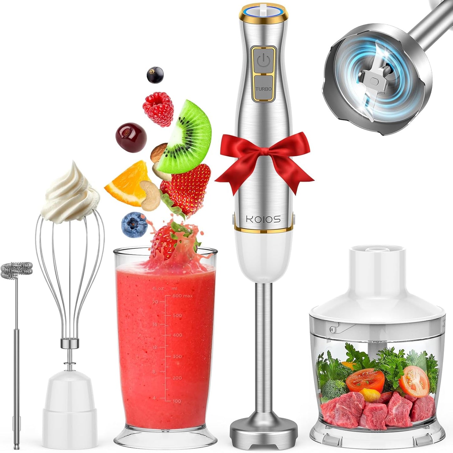 KOIOS Immersion Blender, 1100W 5-in-1 Multi-Purpose Hand Blender, 12-Speed, 600ml Beaker, 500ml Chopper, Egg Whisk, Milk Frother, White