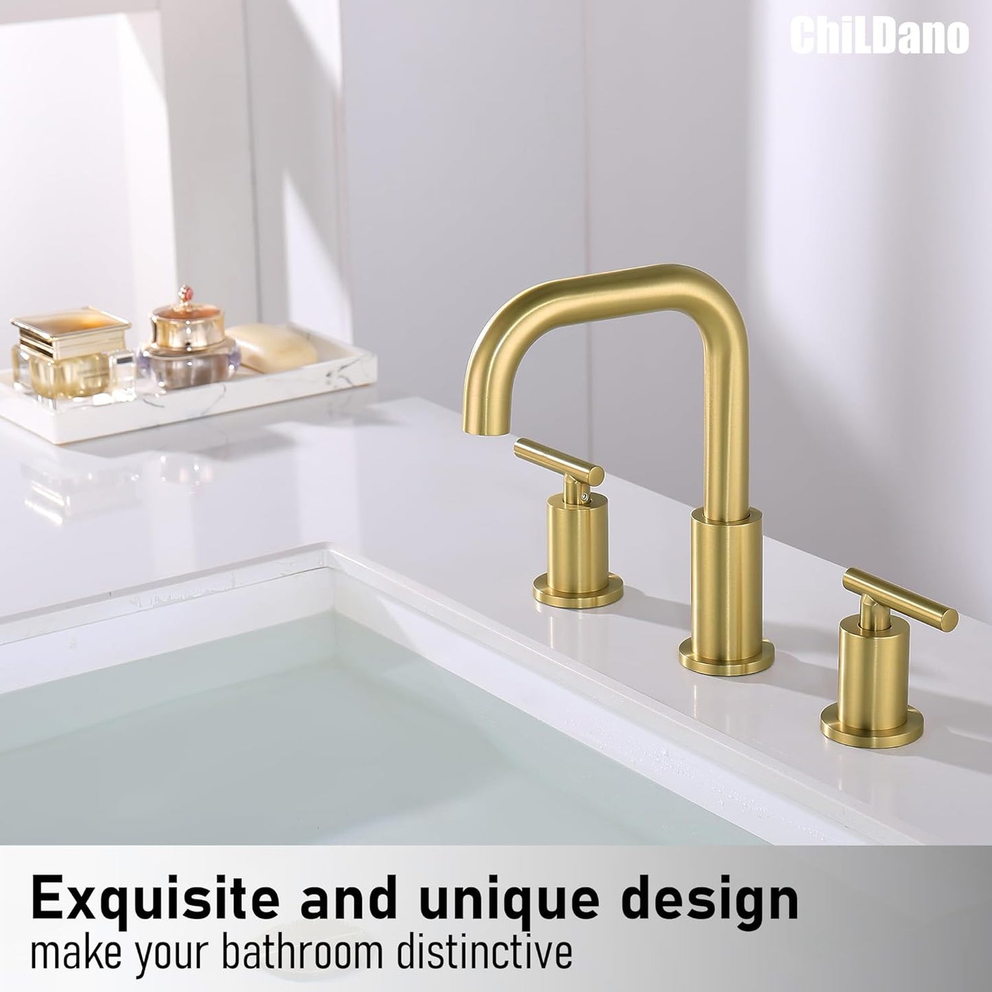Gold Bathroom Faucet with Drain and Supply Hose, 2 Handles Brushed Gold Widespread Bathroom Faucet for Sink 3 Hole, Bathroom Faucet Gold CH3166BG