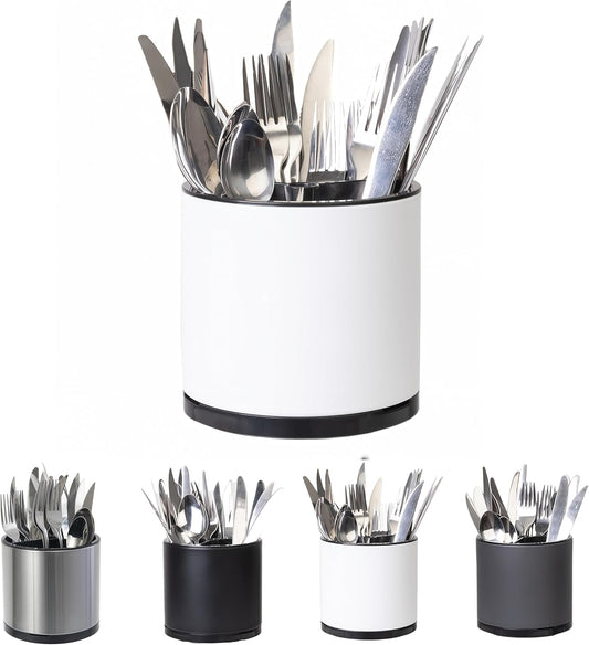 Kitchen Utensil Holder Silverware Organizer 360°Rotating For Counter Organizer Stainless Steel Storage Silverware Caddy 3 Compartment Flatware Spoon Spatula Tool Cutlery Container（White）