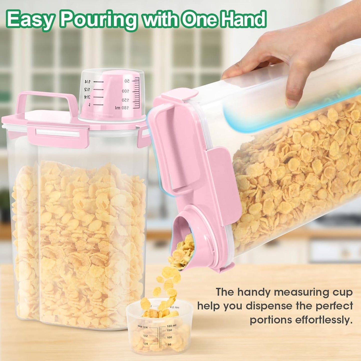 TBMax Rice Container 2 Pack, Airtight Cereal Container Oatmeal Storage with Easy-pouring Spout & Handy Cup for Flour Grain Beans, Pet Dog Cat Bird Food Storage Dispenser-Pink
