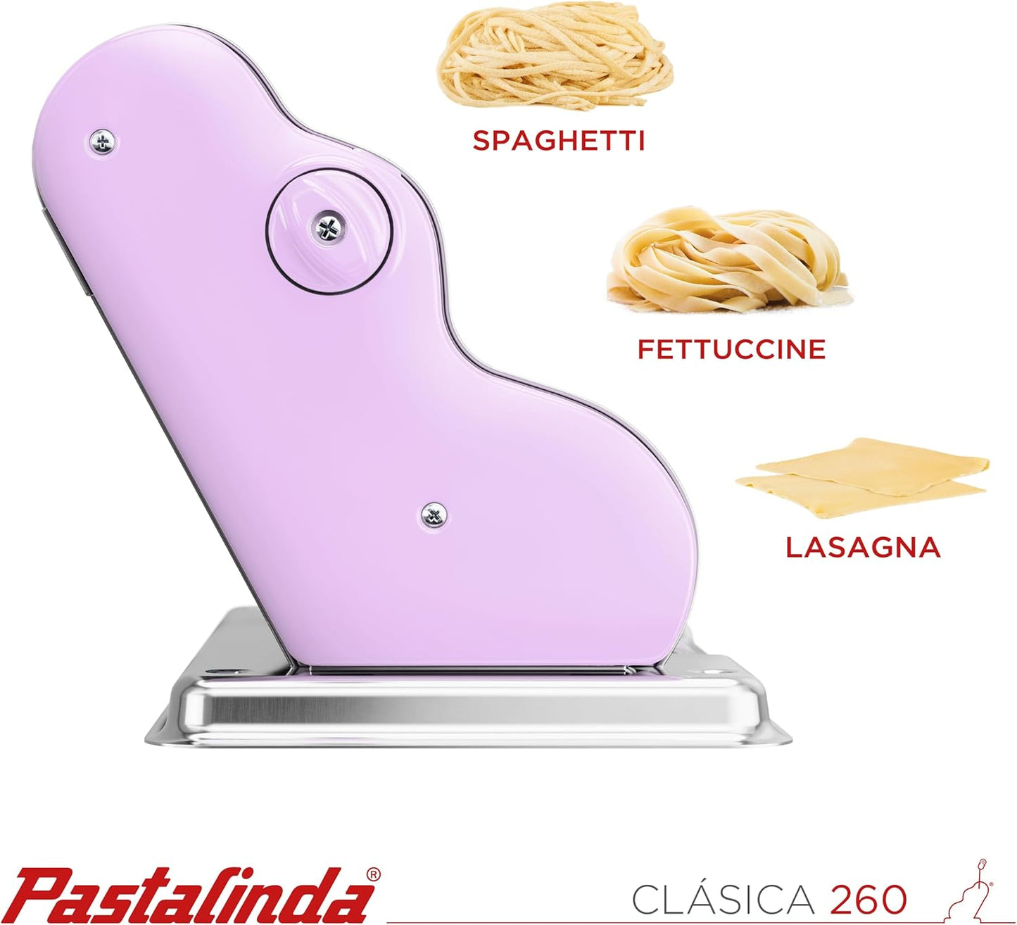 PASTALINDA Classic 260 Pasta Maker Machine, 26 cm Wide Rollers, 9 Thickness Positions, 2 Cutting Positions, Stainless Steel. Includes Reinforced Hand Crank And Two Clamps (Lilac)