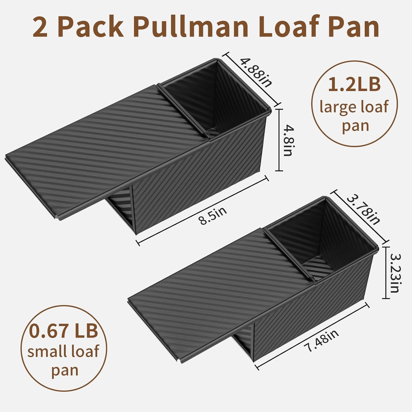 2 PCS Pullman Loaf Pan with Lid, 1.2Lb & 0.67 Lb Dough Capacity Non-Stick Bread Pans for Homemade Bread, Carbon Steel Bread Loaf Pans, Bakeware for Baking Sandwich and Toast, Black