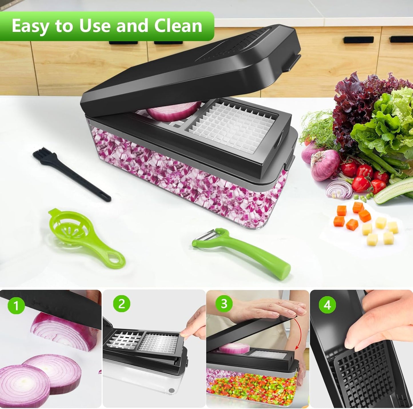 Vegetable Chopper, Onion Chopper Dicer, Mandoline Slicer, Food Chopper with Container, Vegetable Cutter for Salad Potato Carrot Garlic（2 Blades, Black）