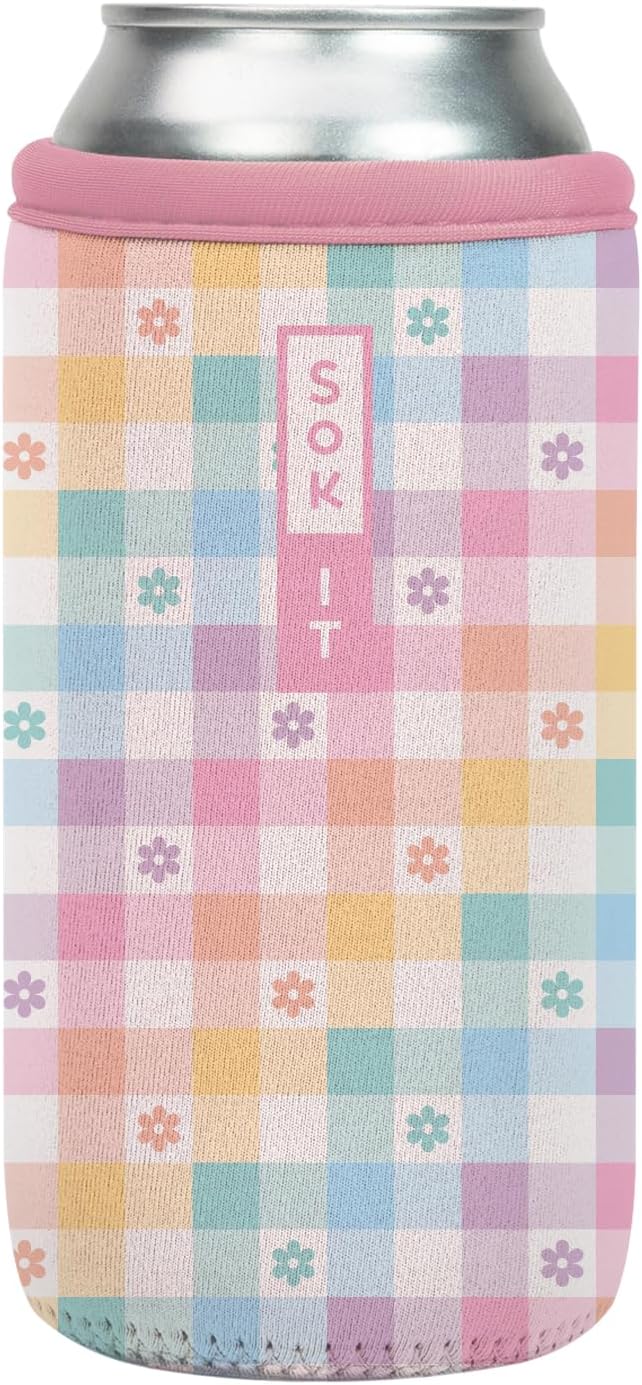 Sok It CanSok Sleeve for Beer & Soda Insulated Neoprene Cover (Gingham Flowers, 16oz Can Sleeve)
