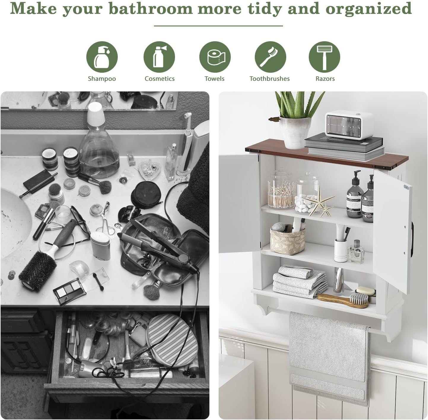 JOMEED Bathroom Wall Cabinet, Farmhouse Medicine Cabinet Storage with Doors and Adjustable Shelf, Over The Toilet Storage, White