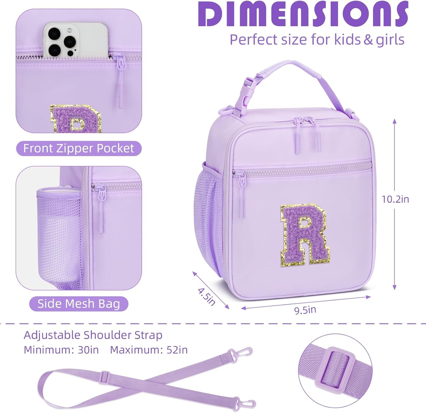 Initial Insulated Lunch Bag for Girls Kids, Back to School Gift, Reusable Leak-proof Lunch Box with Adjustable Strap for School Daycare Travel Picnic (Purple,R)