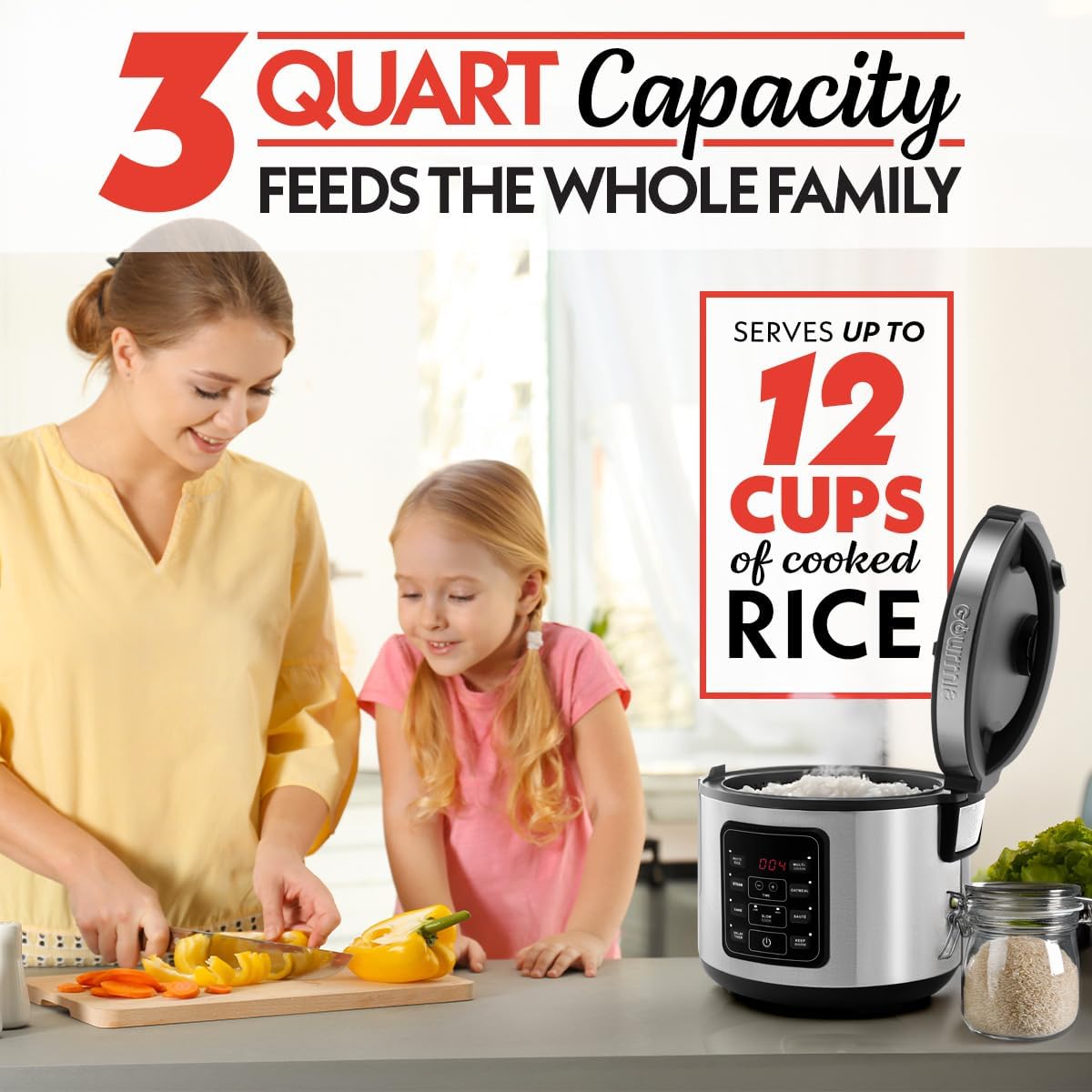 Gourmia Rice Cooker – 3 Qt Capacity, 12 Cup Cooked, 6 Cup Uncooked, Digital Controls, Grain Cooker & Steamer, Built-In Steamer Basket, Nonstick Ceramic Pot, Delay Timer, Keep Warm, Stainless Steel