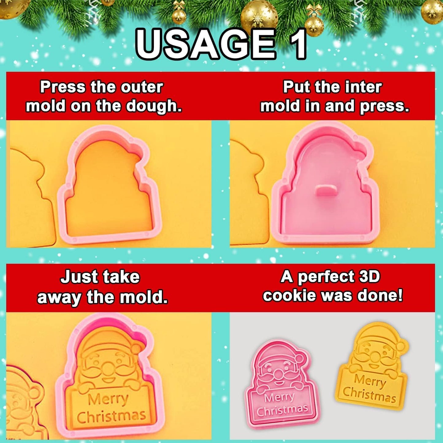 Leesgel Christmas Cookie Cutters, 3D Christmas Holiday Cookie Cutters Shapes with Santa/Xmas Tree/House/Deer, Christmas Party Decorations Ornaments