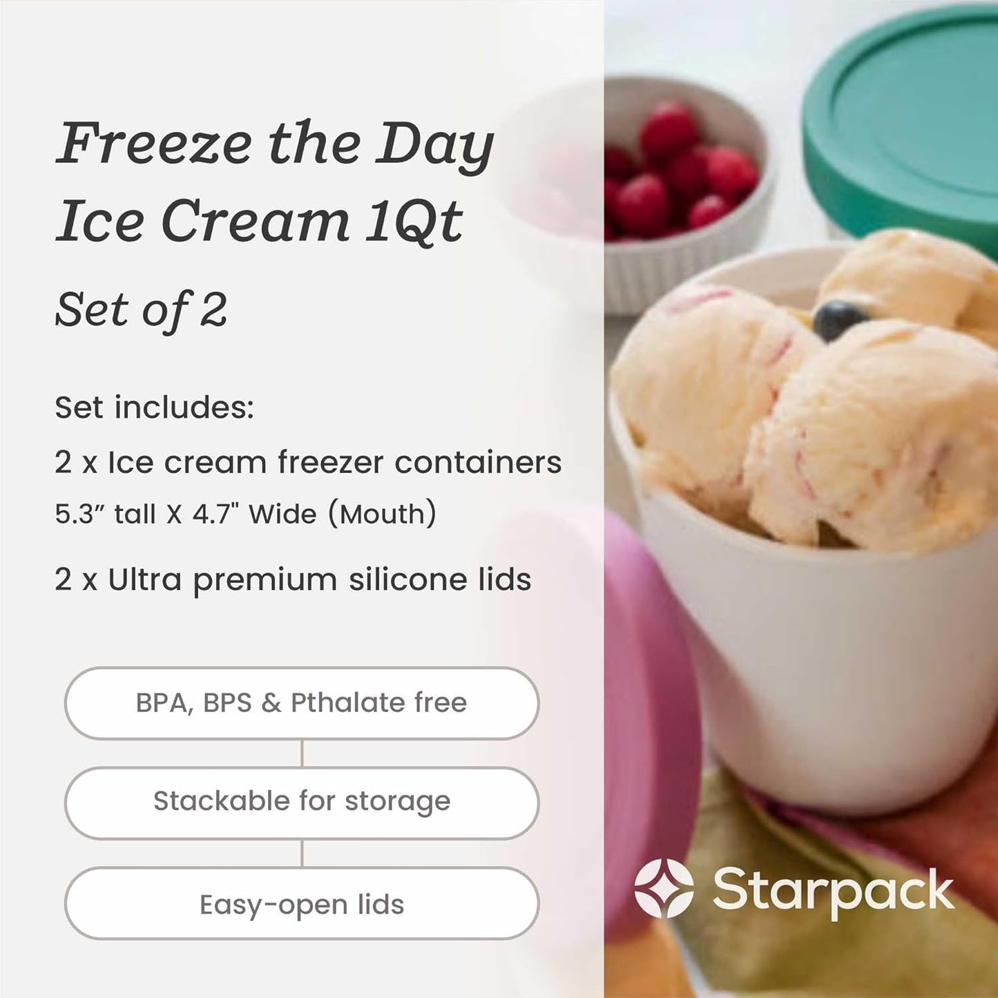 Starpack 'Freeze the Day' Ice Cream Storage Container for Freezer (2 Pcs) - 1 Quart Ice Cream Containers for Homemade Dessert - Reusable Frozen Treat Containers with Lids - Leak-Free Lids (Silicone)
