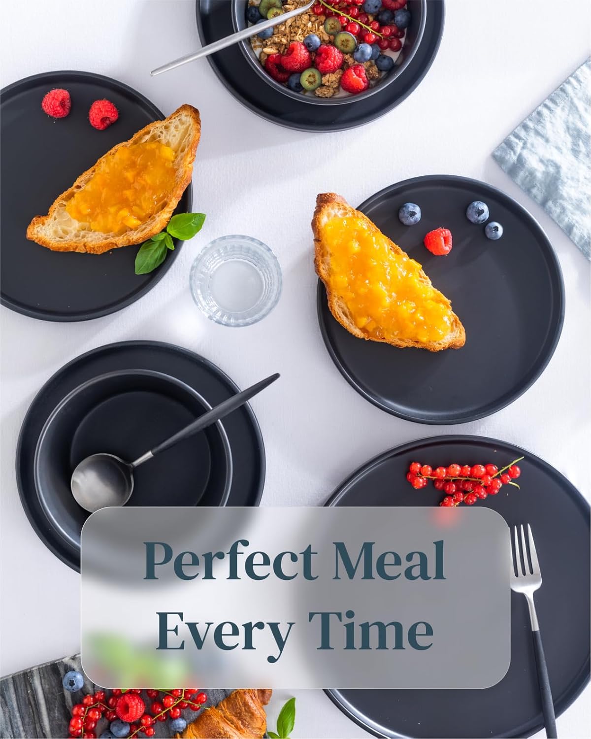 Matte Black Dinnerware Set - Ultra Chic Stoneware for 8-24pcs Plate Set - Dishwasher and Microwave Safe - Ceramic Plates and Bowls