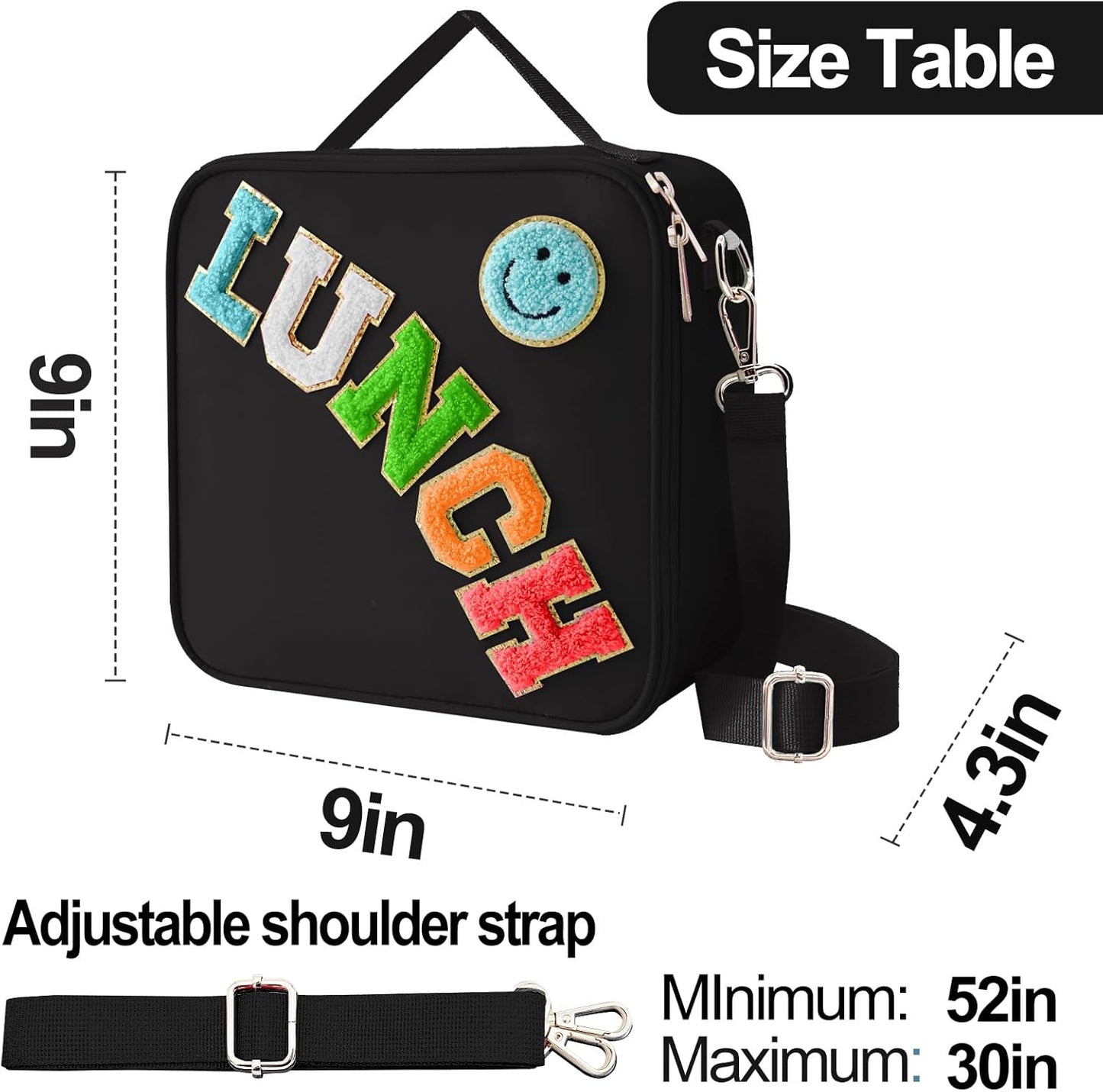 Insulated Lunch Bag With Adjustable Shoulder Strap, Nylon Preppy Lunch Box Large Insulated Lunch Bag Reusable Lunch Tote Bag with Smiley Preppy LunchBag for Girls School Travel Picnic (Black)