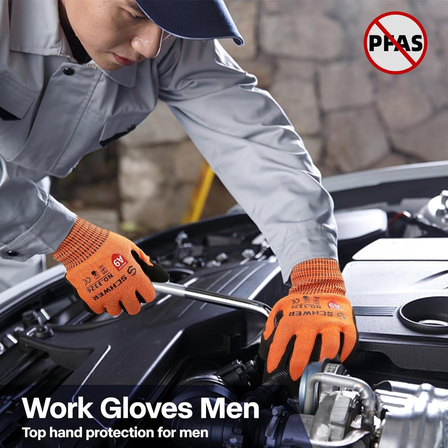 Schwer ProGuard Highest Level Cut Resistant Work Gloves PR3326 for Extreme Protection，ANSI A9 Cut Gloves with Reinforced Thumb, Non Slip, Breathable, Durable, Touch-screen, NON PFAS, Orange 1 Pair XL