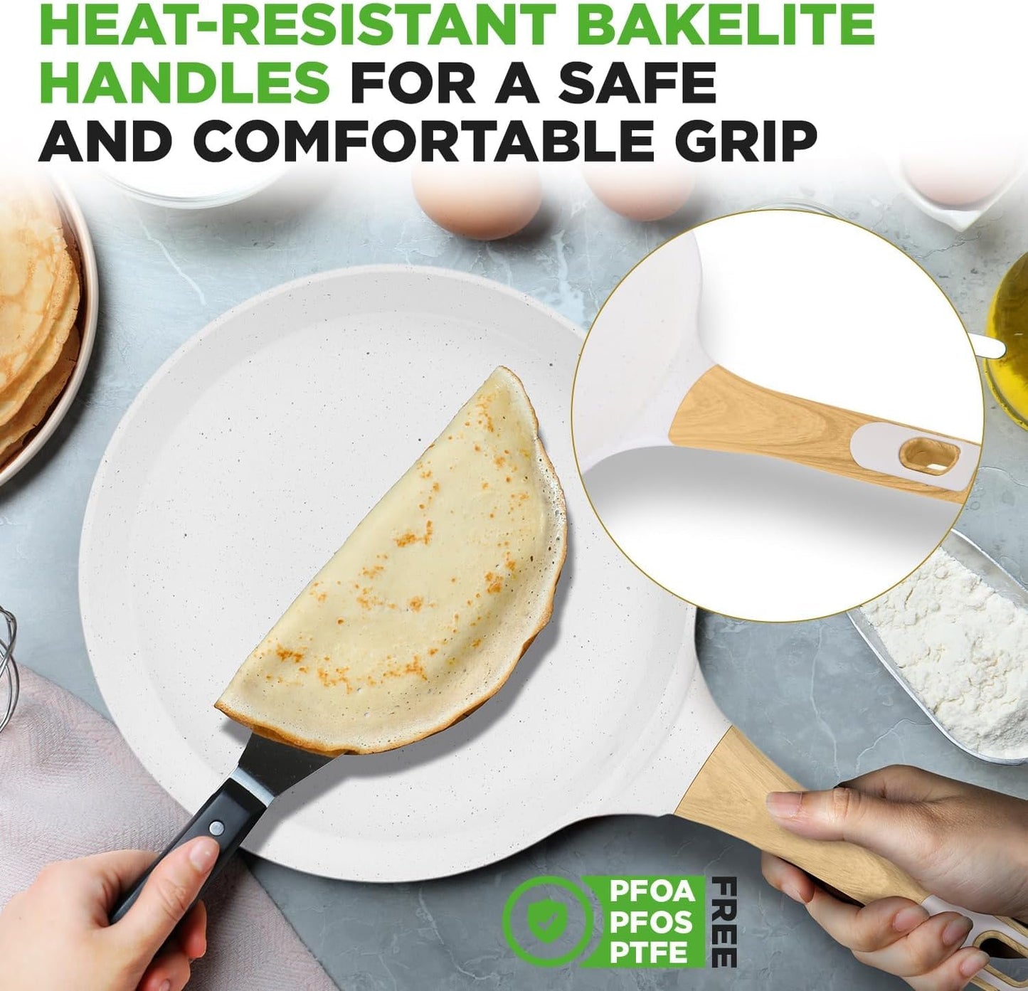 NutriChef 9.45” Non-Stick Crepe Pan with Wooden Spreader, Durable Marble Coated Dosa Pan, Bakelite Handle and Induction Bottom, PFOA/PFOS Free, Dishwasher Safe, Even Heat Distribution (White Cream)
