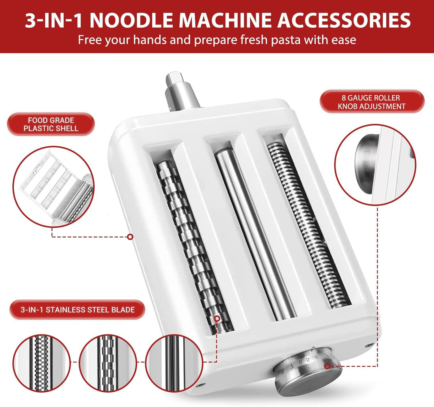 Pasta Maker Attachment for Kitchenaid/ Cuisinart Mixers, Noodle Maker 3 in 1 Set of Pasta Roller Fettuccine Cutter Spaghetti Cutter and Cleaning Brush, Electric Pasta Makers White
