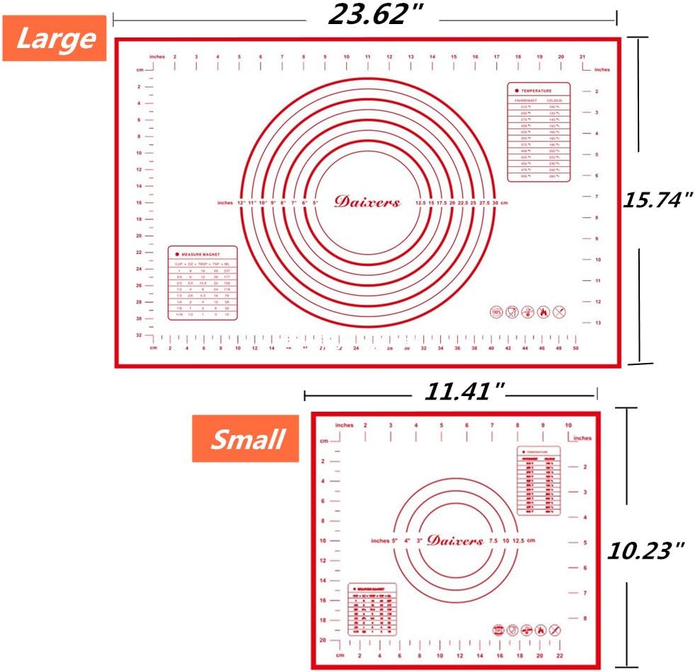 Silicone Baking Mats Set of 2,Large 23.62" x 15.74" Small 11.41" x 10.23",Non Stick Non Skid Pastry-Mat with Measurements (Red)