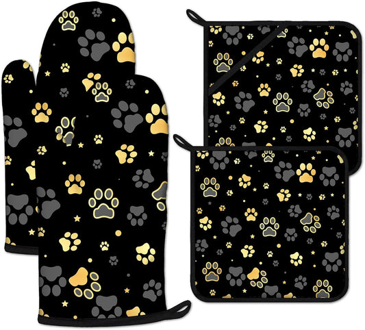 Gold Dog Paw Print Oven Mitts and Pot Holders Sets Heat Resistant 4Pcs Potholders Oven Gloves Hot Pads for Kitchen Baking Cooking Grilling BBQ