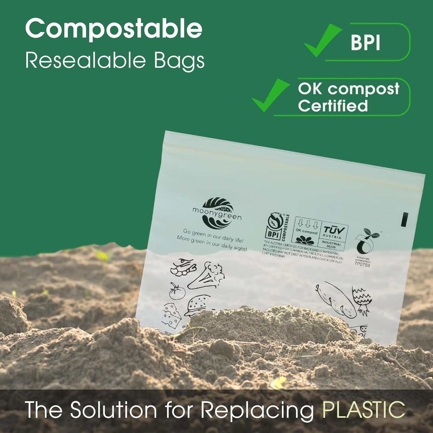 Compostable Food Storage Bags, Resealable Snack Bags, 50 Count, 6.5 x 3.7 inches, Extra Thick, Certified US BPI ASTM D6400 Europe OK Compost