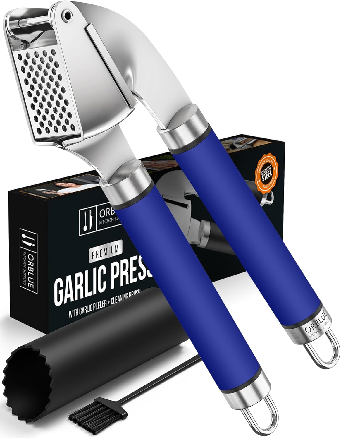 ORBLUE Garlic Press Stainless Steel - Premium Professional Grade Garlic Mincer, Crusher & Peeler Set - Easy Clean, Dishwasher Safe & Rust-proof, Blue