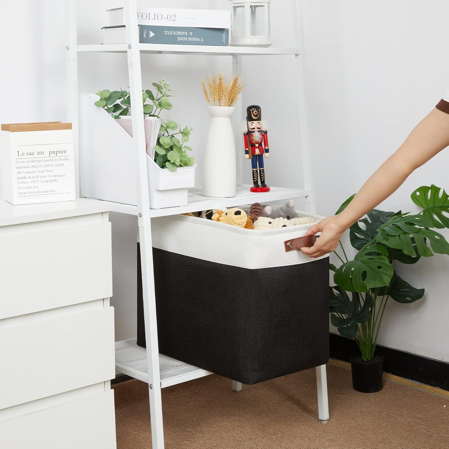 HNZIGE Baskets Shelf Baskets for Clothes 2 Pack Large Storage Bins Fabric Baskets for Organizing, Collapsible Rectangular Canvas Linen Storage Basket with Handles for Storage Closet (White&Black)