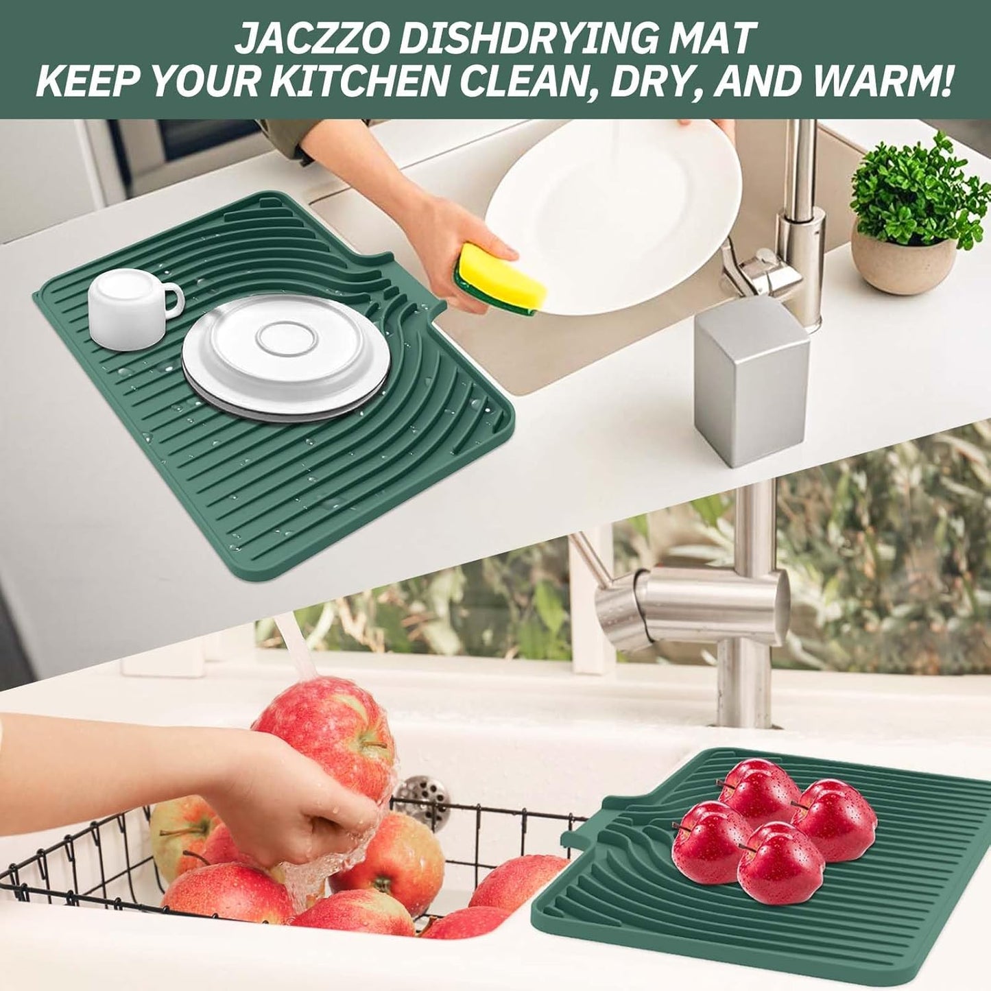 Silicone Dish Drying Mat for Kitchen Counter with Built-in Drain, Easy Clean Pad for Countertop Protection, Fast Self-Draining Slope, Non-Slip, Multiple Use 17.7 x 11.8 Inch (Dark Green)