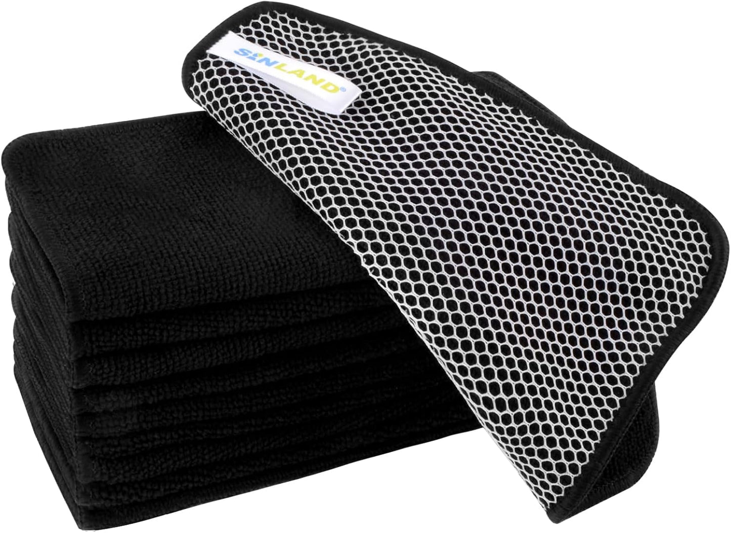 SINLAND Microfiber Dish Cloth for Washing Dishes Dish Washing Rags Best Kitchen Washcloth Cleaning Cloths Wash Cloths with Poly Scour Side 7.87Inchx7.87Inch 10 Pack Black