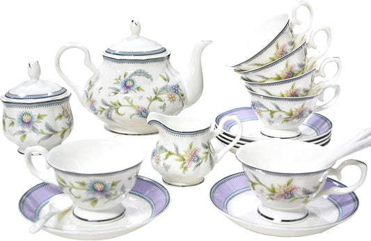 Bone China Tea Set, 21-Pieces Porcelain Tea Set for Adults, Tea Cups And Saucers for 6, with Teapot, Spoons, Sugar Bowl, Creamer Pitcher, Vintage Tea Set for Women Tea Party (Purple)