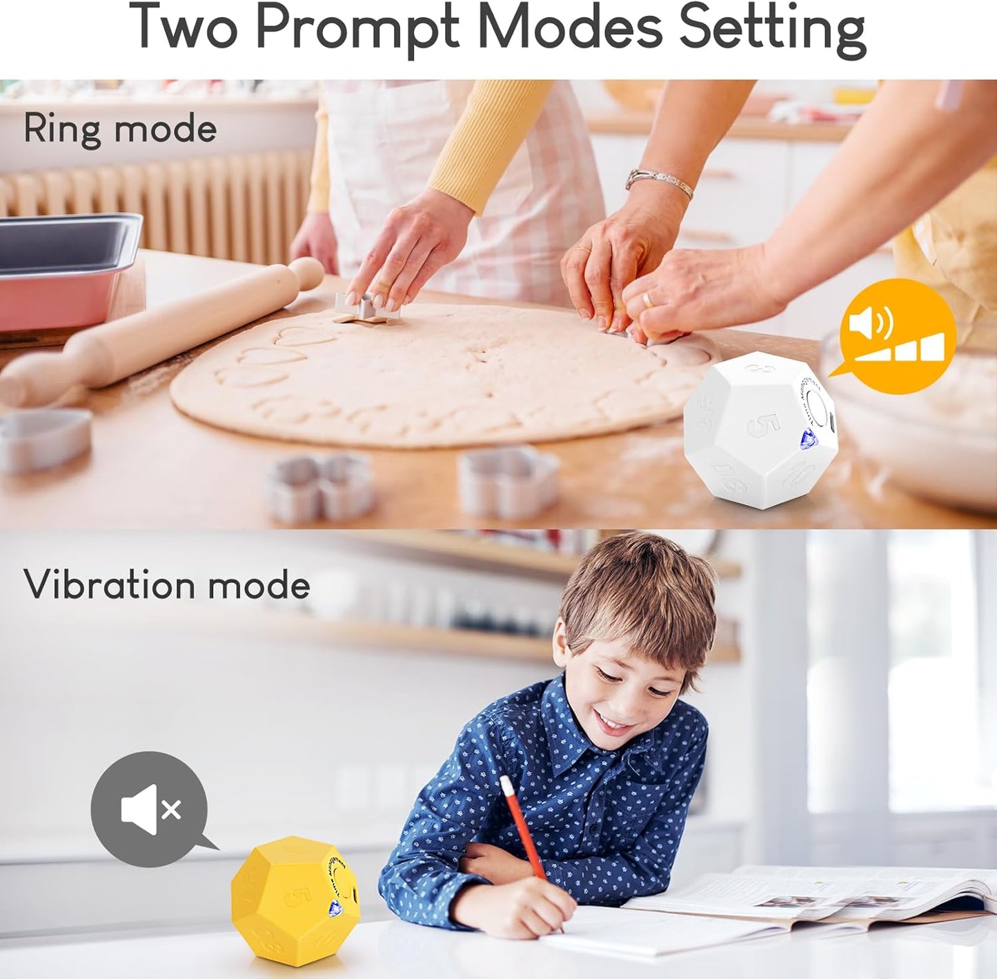 Yellow Pomodoro Timer - 11 Preset Productivity Cube, Ring/Vibrate Mode, Rechargeable, Perfect for Cooking, Learning, Exercise and Beauty