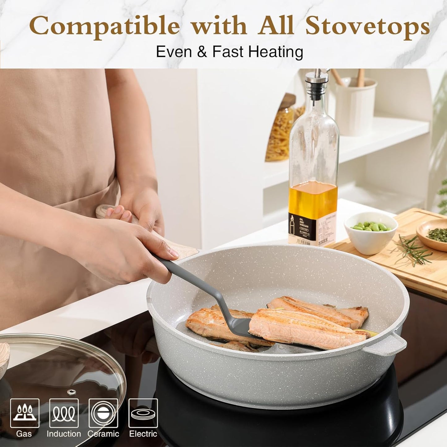 Nonstick Ceramic Deep Frying Pan, 10 Inch Non Toxic Skillet with Lid, Healthy Jumbo Cooker, Saute Pan for Cooking, Induction Cookware, PFOA & PFAS Free