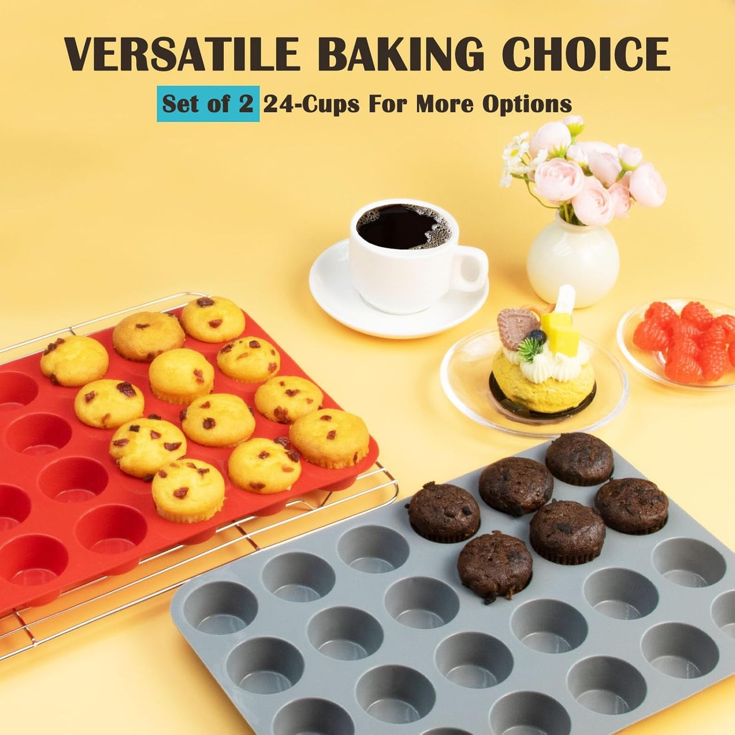 24 Cups Silicone Mini Muffin Pan Set, Nonstick Mini Cupcake Pans, BPA Free Small Muffin Tin for Baking, Set of 2 (Grey+Grey)