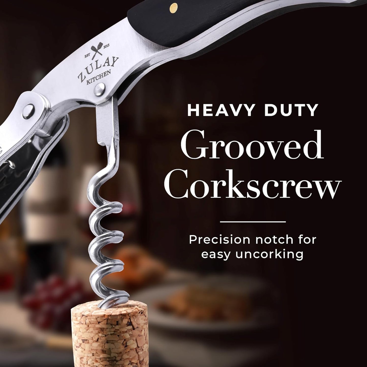 Zulay Kitchen Corkscrew Wine Opener - Premium 420 Stainless Steel & Ebony Wood Wine Bottle Opener - Double Hinged Opener with Foil Cutter & Cap Remover - Ebony Wood