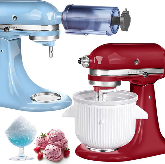 Ice Cream Maker & Shaved Ice Attachment for Kitchen aid Mixer, Kitchenaid Accessories Set Includes Shaved Ice Machine with 8 Ice Molds and Ice Cream Gelato Maker for 4.5 Qt & Larger Stand Mixers