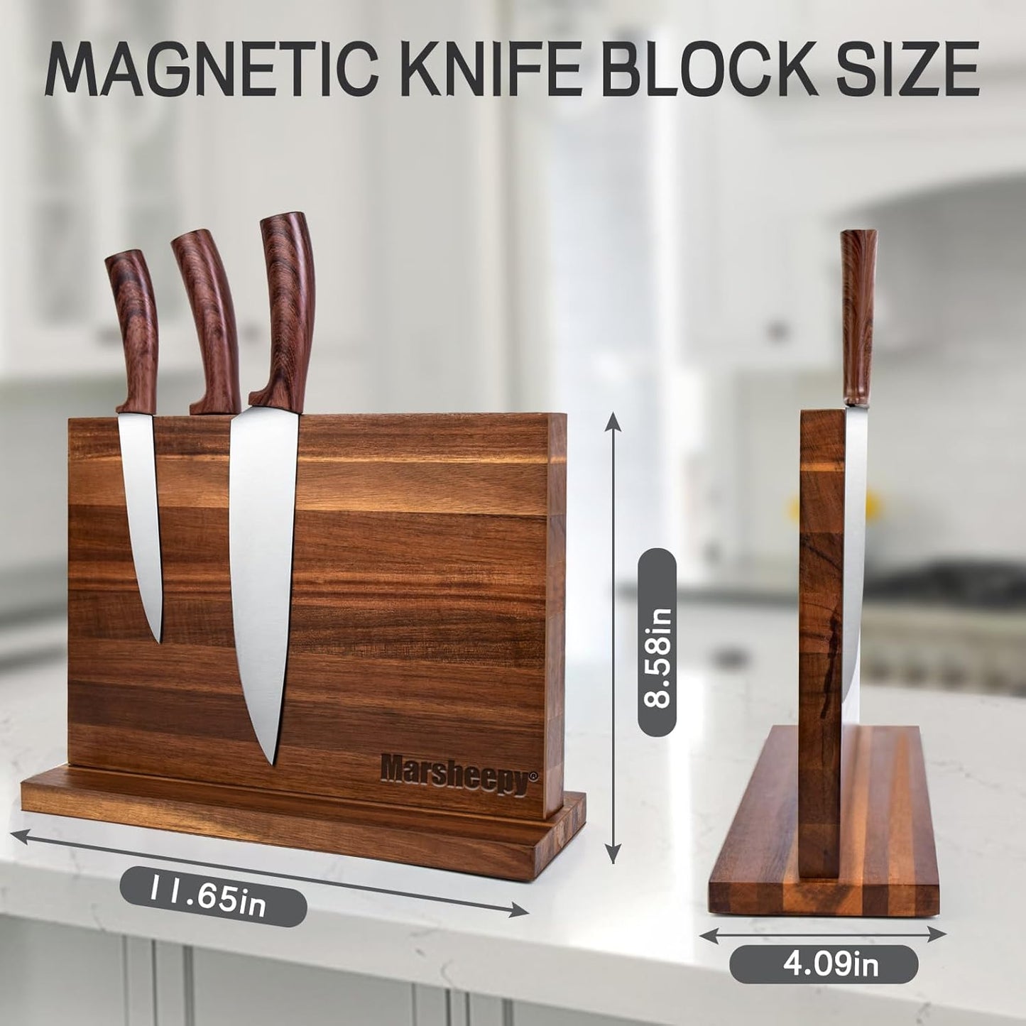Home Kitchen Magnetic Knife Block，Double Sided Magnetic Knife Holder Rack for Kitchen Counter，Acacia Wood with Strong Enhanced Magnets Knife Storage Stand