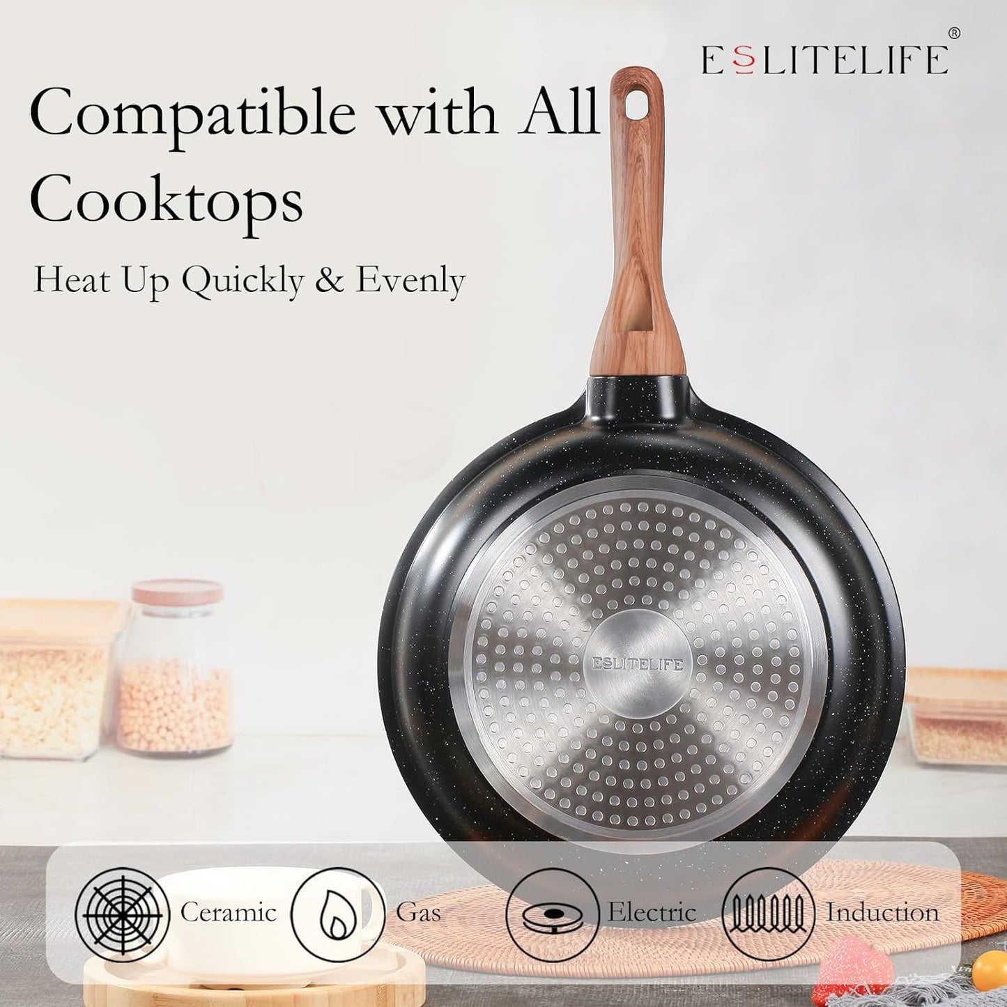 ESLITE LIFE Nonstick Ceramic Frying Pan Skillet, Non-Toxic Egg Omelette Kitchen Cooking Pans Compatible with All Stovetops (Gas, Electric & Induction), PTFE & PFOA Free (Black, 9.5'')