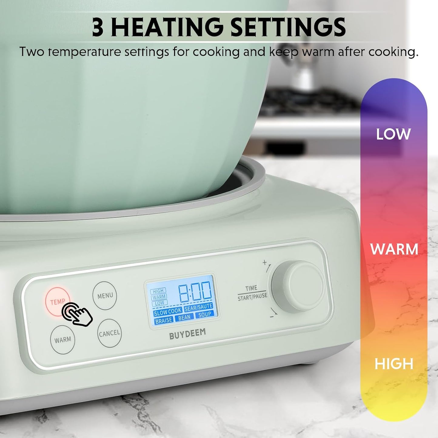 BUYDEEM 5-in-1 Slow Cooker 4.7QT with Removable Nonstick Stockpot, Compatible with Various Cookwares, Two Temperature Controls, Customized Time Settings, Auto Keep Warm for 2H, Cozy Greenish