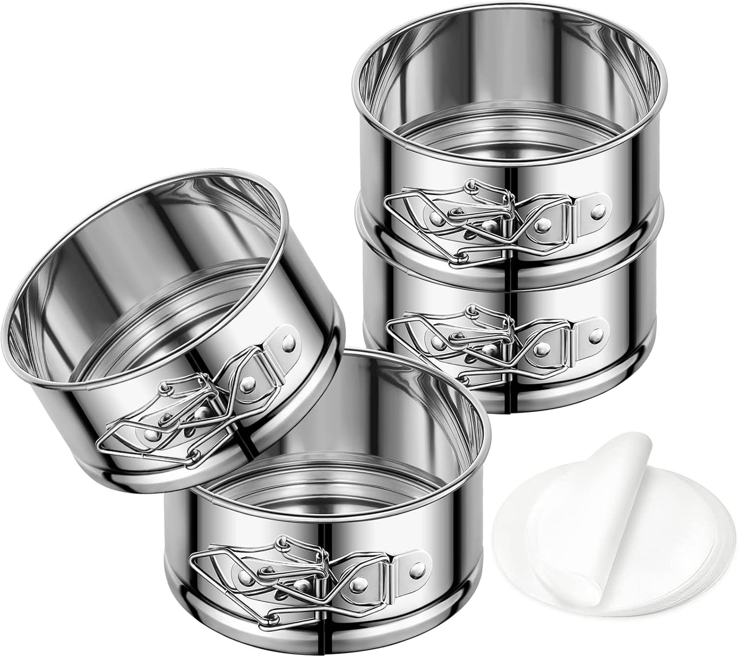4" Springform Cake Pan, 4 Pcs Stainless Steel Springform Pans with 50 Pcs Paper Liners, Leakproof & Nonstick Cheesecake Pan with Removable Bottom, Small Cake Pan for Mini Pizzas Quiches