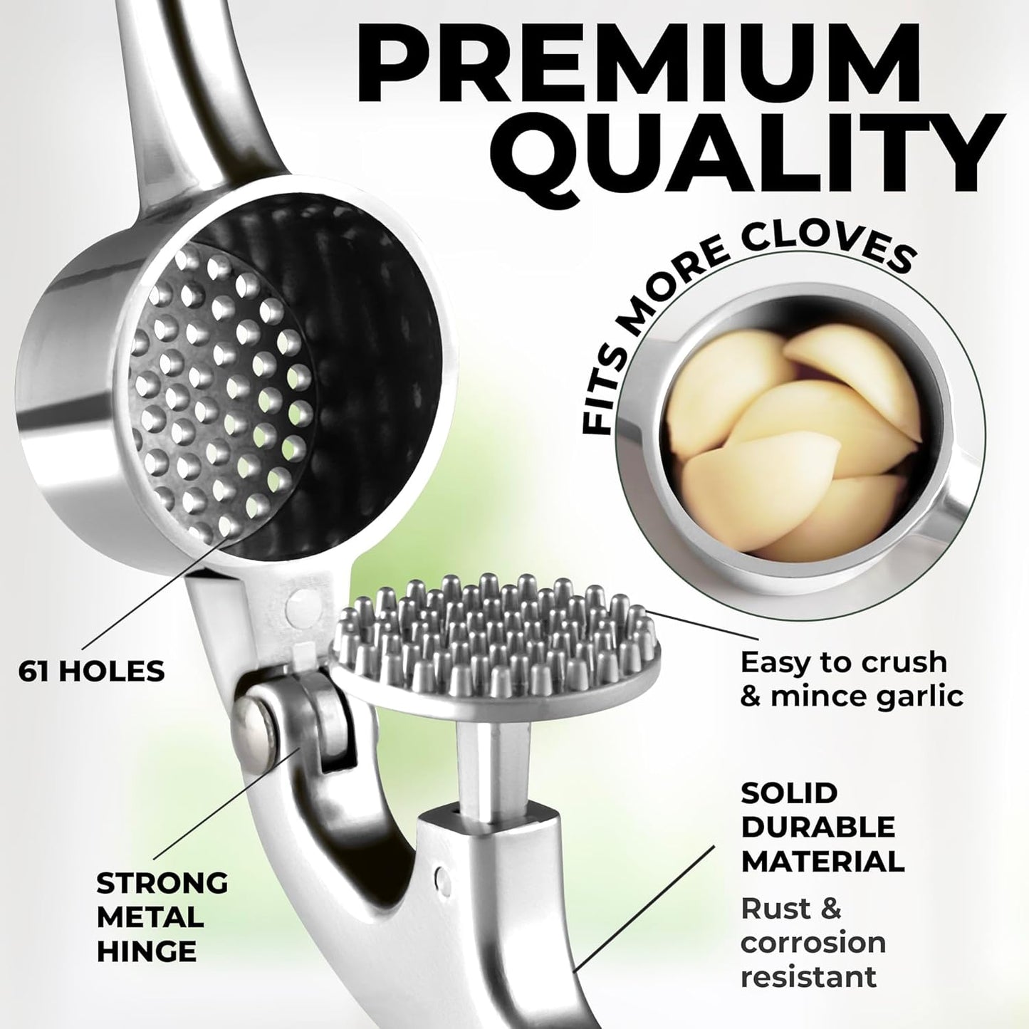 Zulay Kitchen Large Premium Garlic Press Set - Bigger Bowl for Bigger Garlic - Rust Proof & Dishwasher Safe Garlic Mincer Tool - Easy-Squeeze, Easy-Clean Silicone Garlic Peeler & Brush (Chrome)