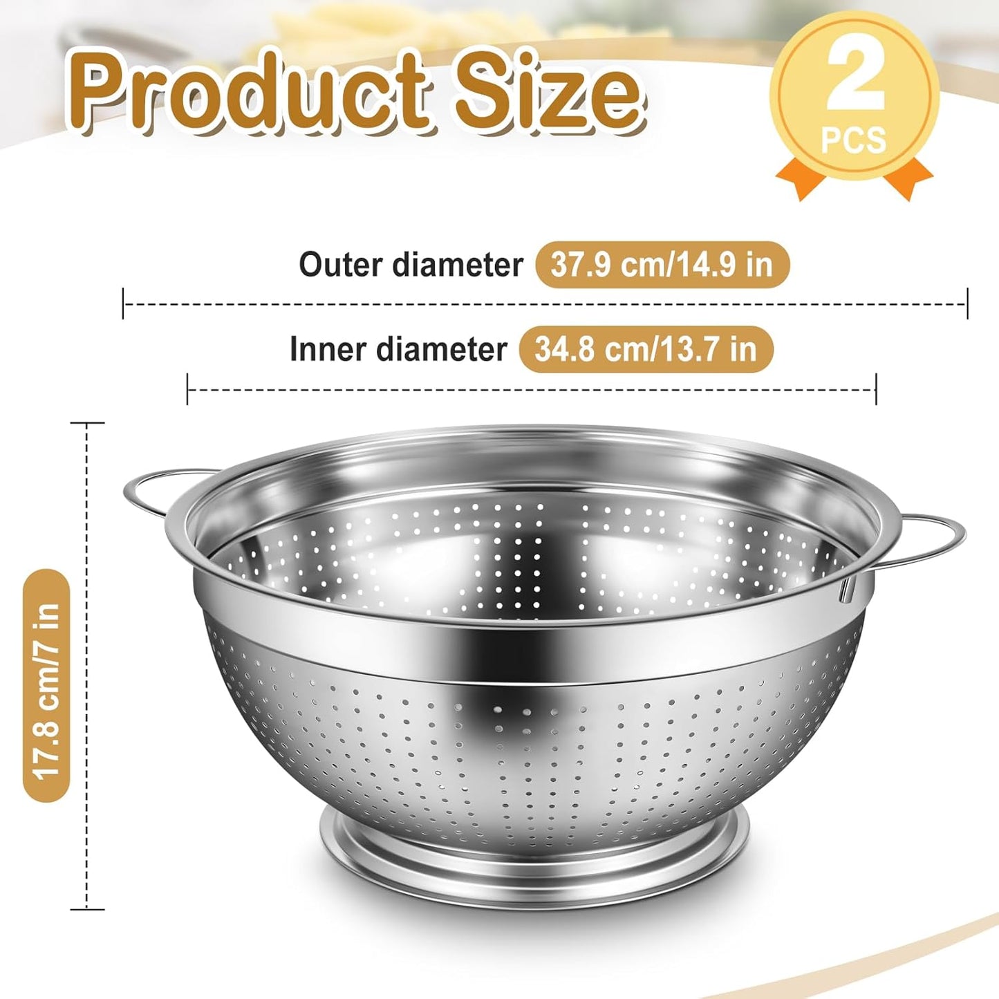 Maxdot 2 Pack 12 Quart Heavy Duty Stainless Steel Colander with Footed Base and Handles Pasta Spaghetti Berry Fruit Vegetable Kitchen Food Strainer Basket(37.9 cm/14.9 inch)