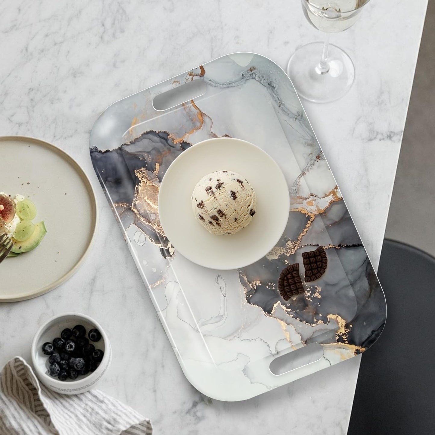 Serving Trays with Handles, 14.5 x 9.8 inch Rectangular Plastic Tray for Restaurant, Kitchen, Gray and Golden Marble